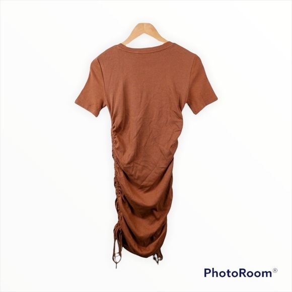 NWT ZARA Brown Short Sleeve Ruched Gathered Side Ribbed Mini T Shirt Dress Sz S - Picture 8 of 9
